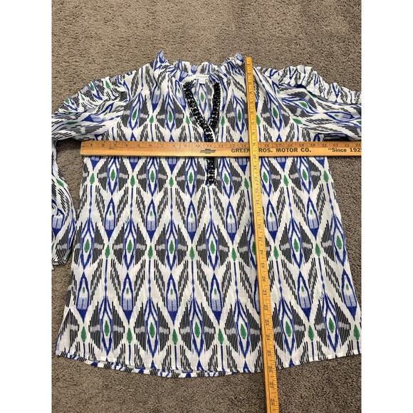 Chicos Linen Tribal Print Jeweled Neckline Ruffle Drawstring Sleeves Size 0.5/6 - Picture 5 of 8